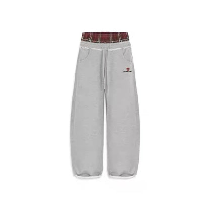 American Casual Sports Pants with Side Bar Splicing, Grid Loose Wide Leg Straight Leg Sweatpants, Trendy Street Style