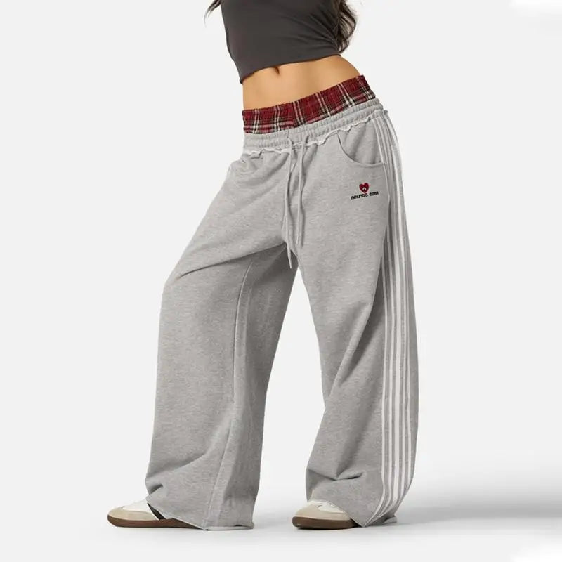 American Casual Sports Pants with Side Bar Splicing, Grid Loose Wide Leg Straight Leg Sweatpants, Trendy Street Style