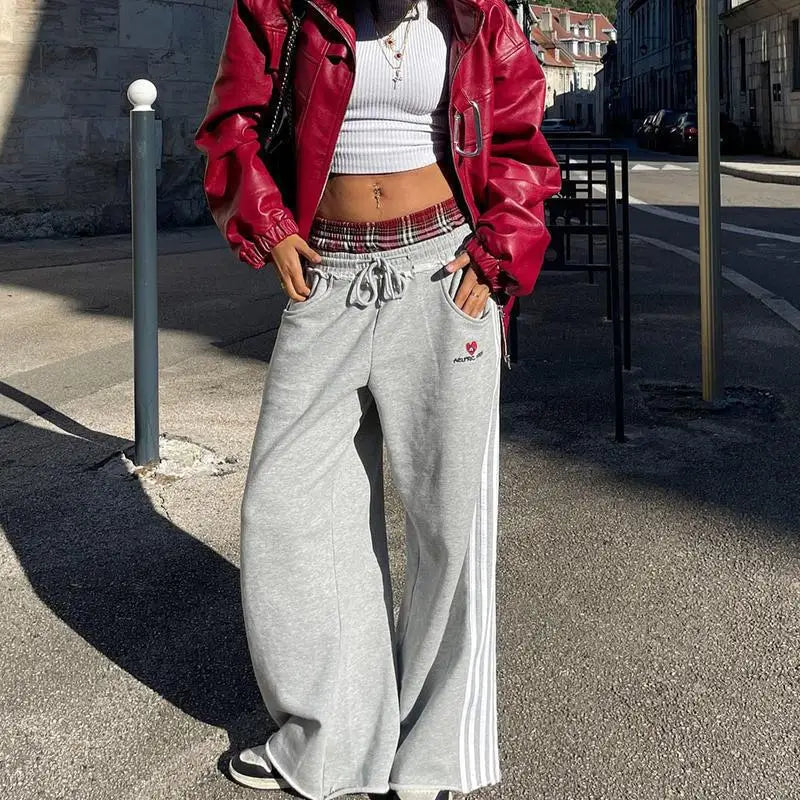 American Casual Sports Pants with Side Bar Splicing, Grid Loose Wide Leg Straight Leg Sweatpants, Trendy Street Style