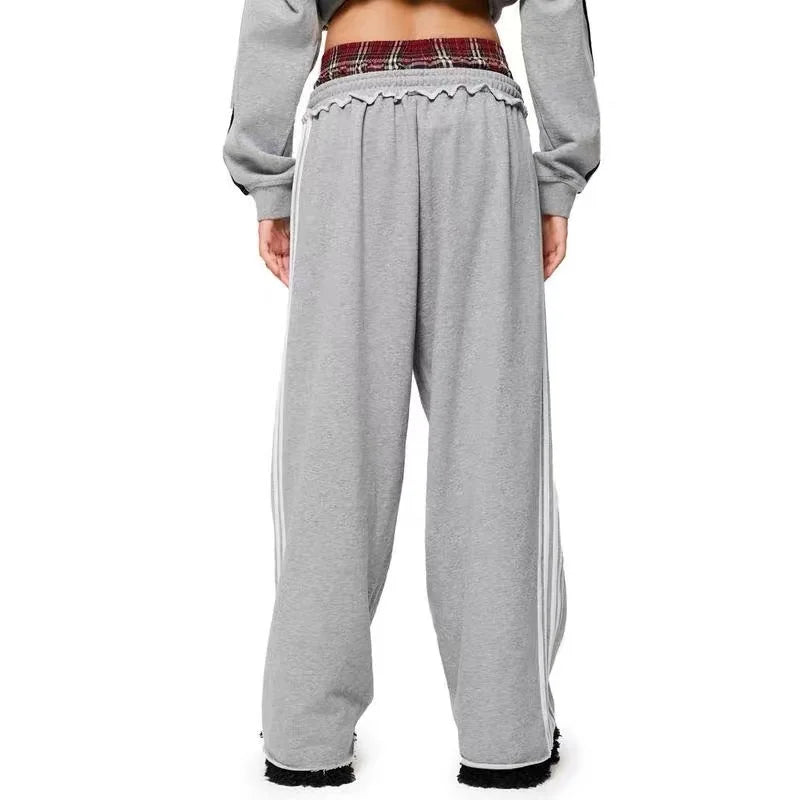 American Casual Sports Pants with Side Bar Splicing, Grid Loose Wide Leg Straight Leg Sweatpants, Trendy Street Style