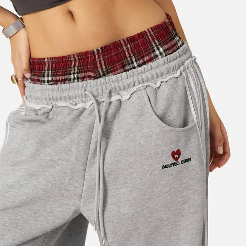 American Casual Sports Pants with Side Bar Splicing, Grid Loose Wide Leg Straight Leg Sweatpants, Trendy Street Style